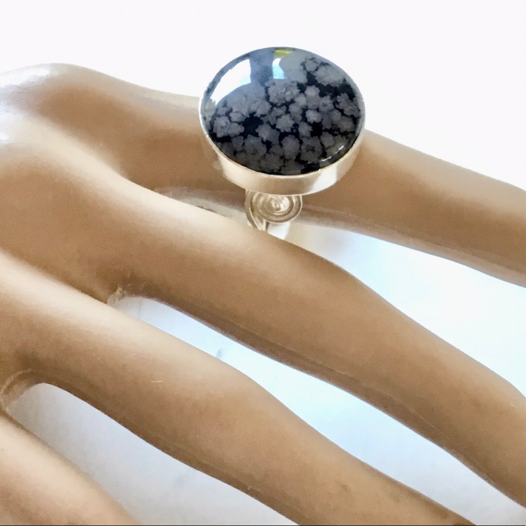 Snowflake Obsidian Gemstone Ring Round Geo
